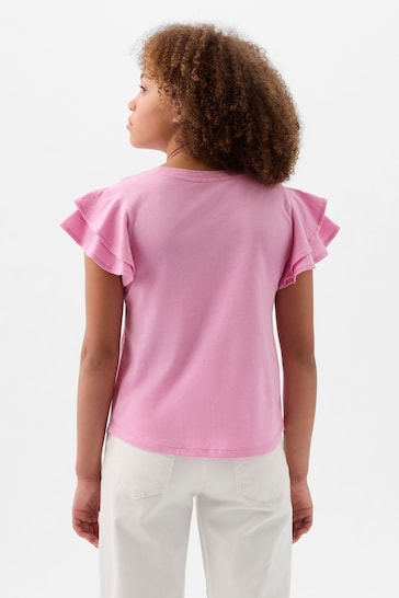 Gap Pink Embroidered Logo Short Flutter Sleeve Crew Neck T-Shirt (4-13yrs)