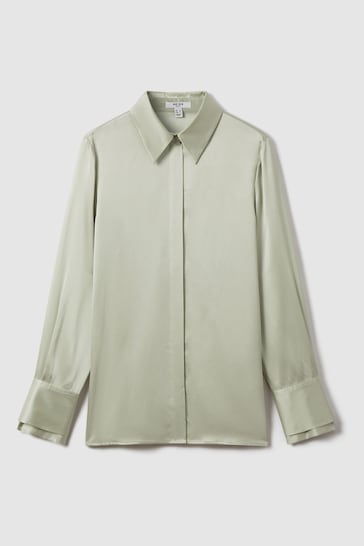 Reiss Green Irina Silk Button-Through Shirt