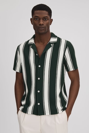 Reiss Green/White Alton Slim Fit Ribbed Cuban Collar Shirt