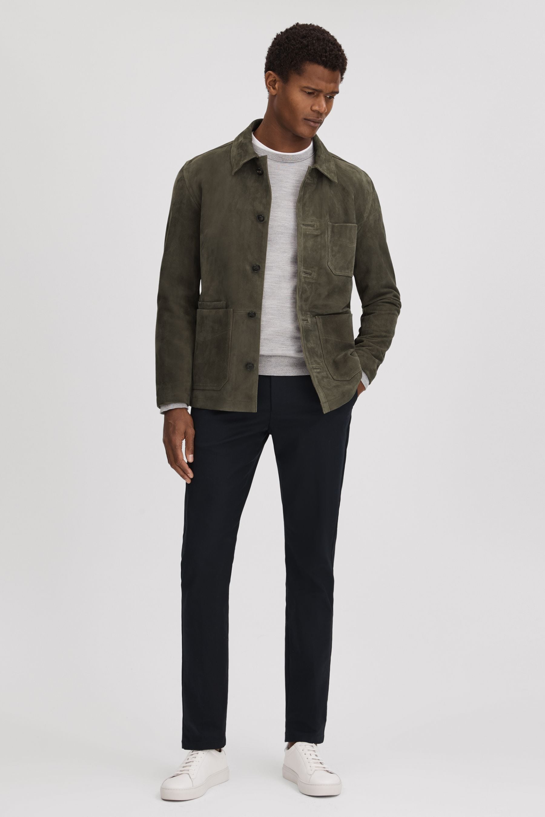 Buy Reiss Moss Green Roma Suede Button Through Jacket from the