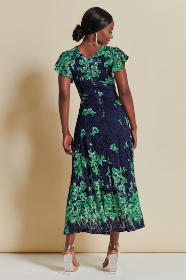 Jolie Moi Green Mirrored Print Lace Maxi Dress