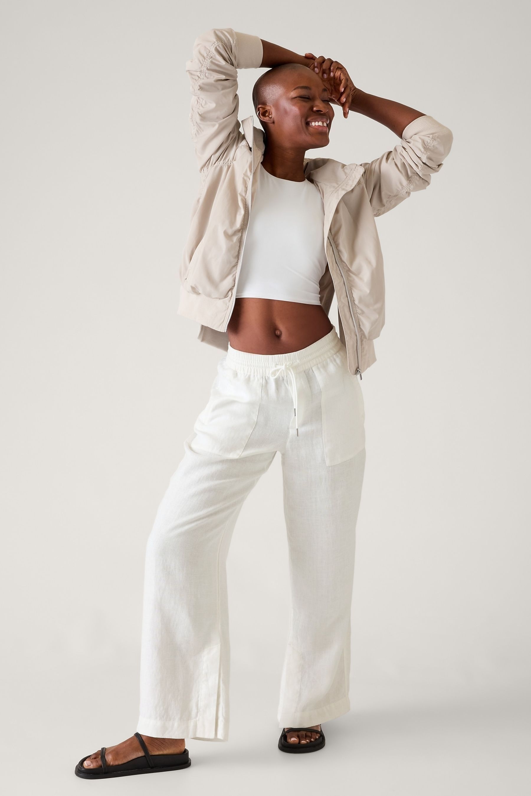 White linen flared trousers top
