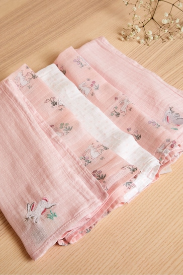 JoJo Maman Bébé Pink Bunny 5-Pack Embroidered Muslin Squares