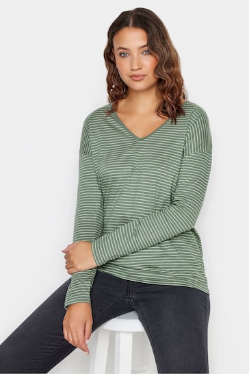 Long Tall Sally Green Long Sleeve Stripe V-Neck T-Shirt