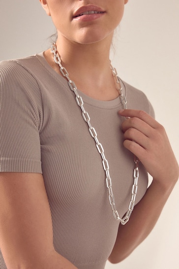 Silver Tone Long Chain Link Necklace