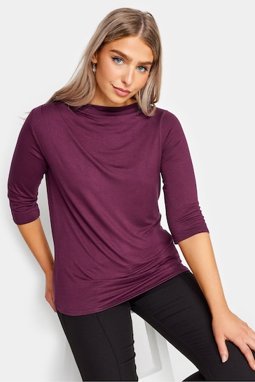 M&Co Purple 3/4 Length Sleeve Pleated Neck Top