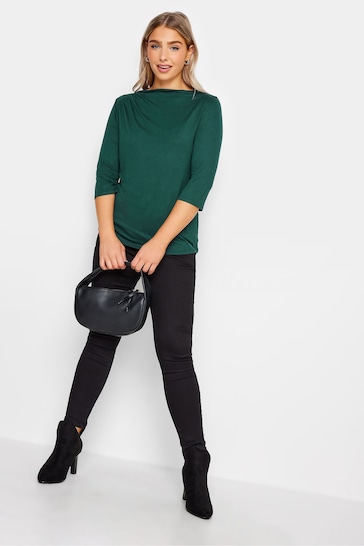 M&Co Green 3/4 Length Sleeve Pleated Neck Top