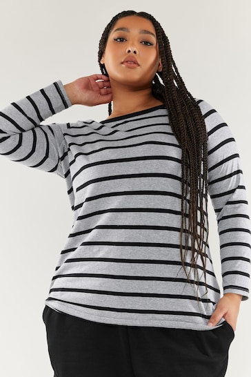 Yours Curve Grey Core Basic Long Sleeve Stripe T-Shirt
