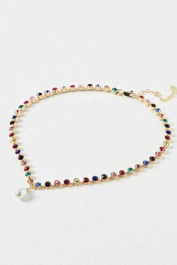 Oliver Bonas Black Tiffany Rainbow Stone Pearl Drop Short Necklace