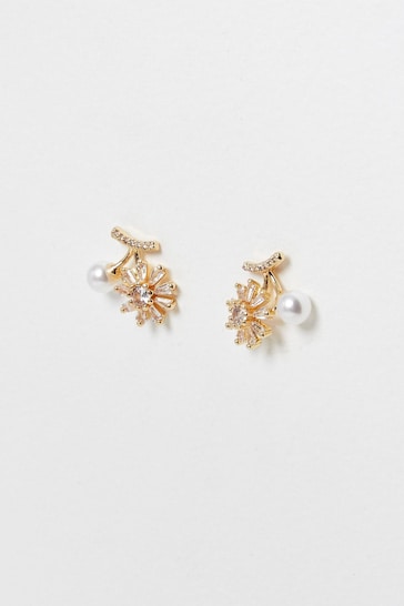 Oliver Bonas Gold Tone Celeste Faux Pearl & Baguette Stone Stud Earrings