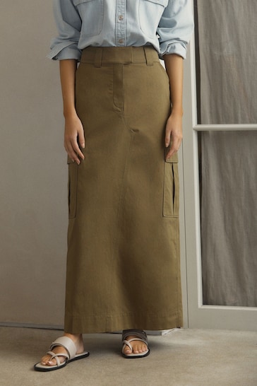 Khaki Green Utility Midi Skirt