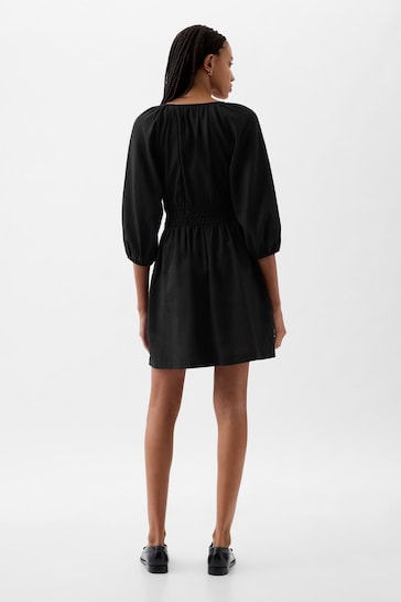 Gap Black Linen Cotton Long Sleeve Shirred Waist Mini Dress