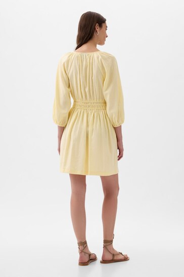 Gap Yellow Linen Cotton Long Sleeve Shirred Waist Mini Dress