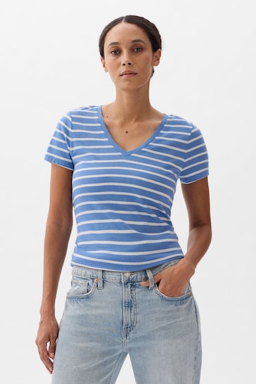 Gap Blue Stripe Favourite Short Sleeve V Neck Print T-Shirt