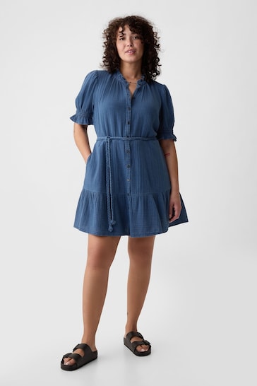 Gap Blue Denim-Look Crinkle Tiered Mini Dress