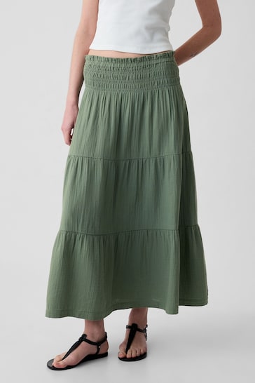 Gap Green Crinkle Cotton Pull On Maxi Skirt