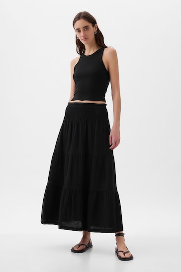 Gap Black Crinkle Cotton Pull On Maxi Skirt