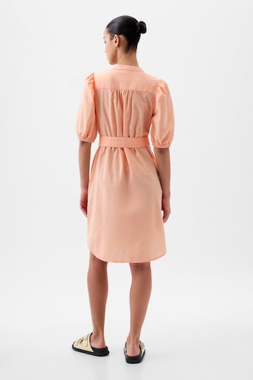 Gap Orange Linen Blend Short Puff Sleeve Mini Shirt Dress