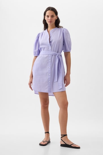 Gap Purple Linen Blend Short Puff Sleeve Mini Shirt Dress