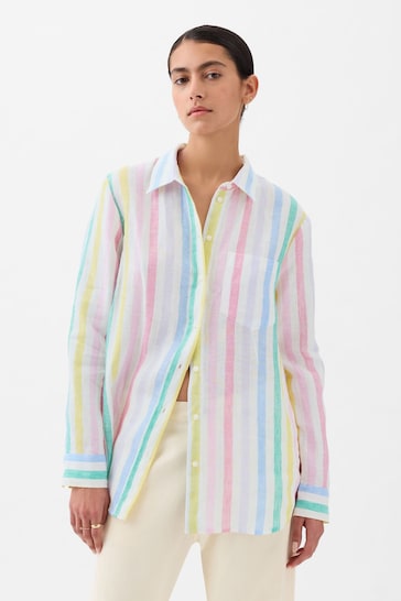 Gap White and Mutli Stripe Linen Long Sleeve Oversized Shirt