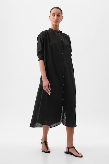 Gap Black Linen Blend Long Sleeve Shirt Dress