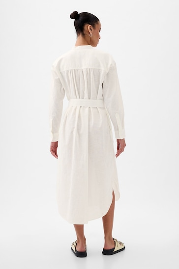 Gap White Linen Blend Long Sleeve Shirt Dress