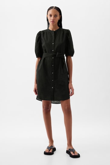 Gap Black Linen Blend Short Puff Sleeve Mini Shirt Dress