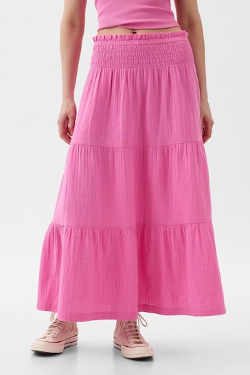 Gap Pink Crinkle Cotton Pull On Maxi Skirt