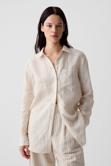 Gap Neutral Stripe Linen Long Sleeve Oversized Shirt