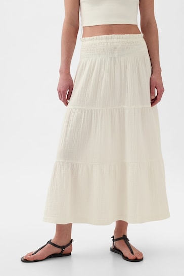 Gap White Crinkle Cotton Pull On Maxi Skirt