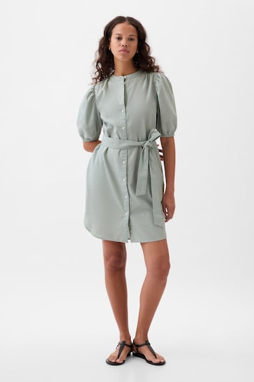 Gap Green Linen Blend Short Puff Sleeve Mini Shirt Dress