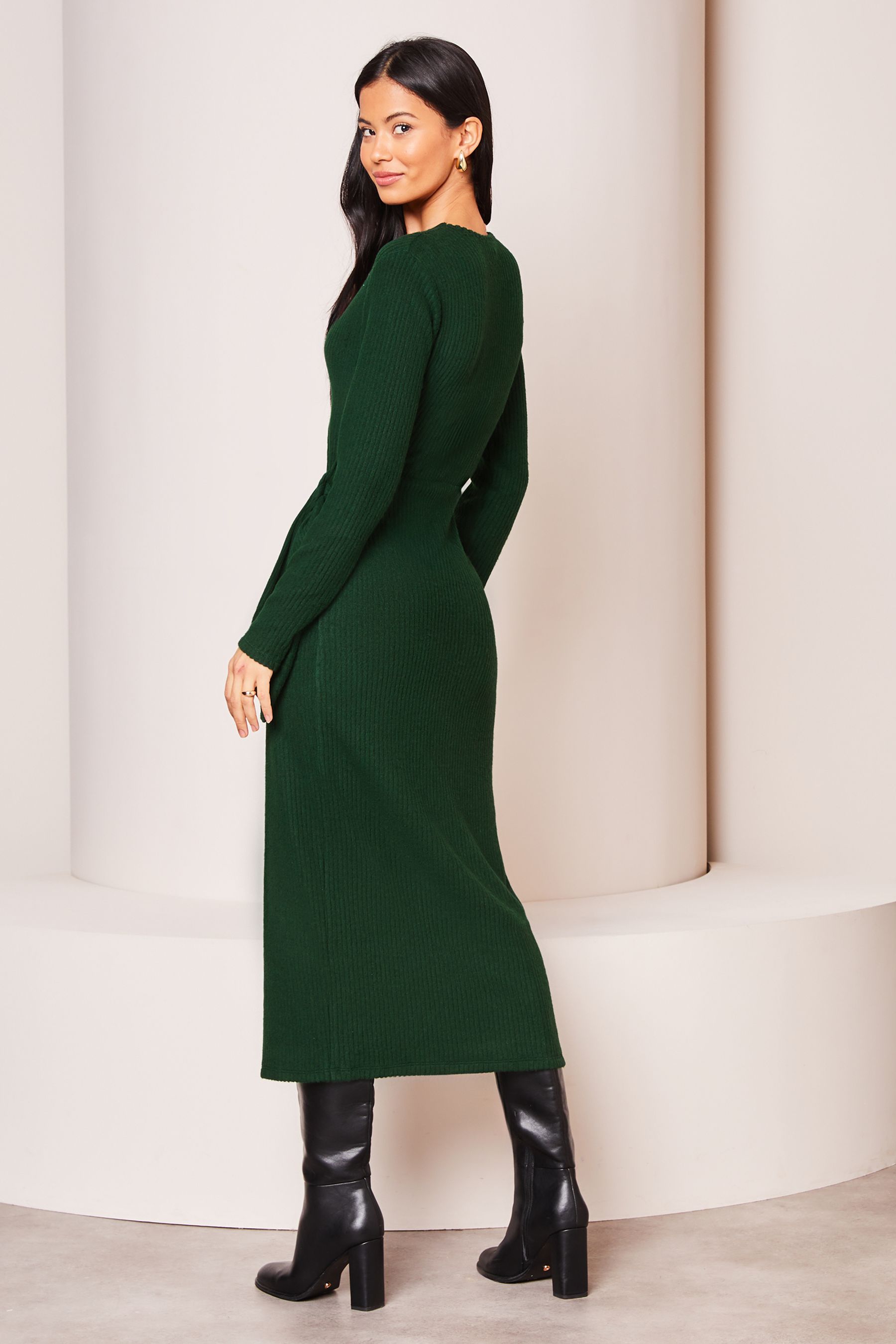 Buy Lipsy Green Long Sleeve Cosy Tie Side Wrap Midi Jumper Dress