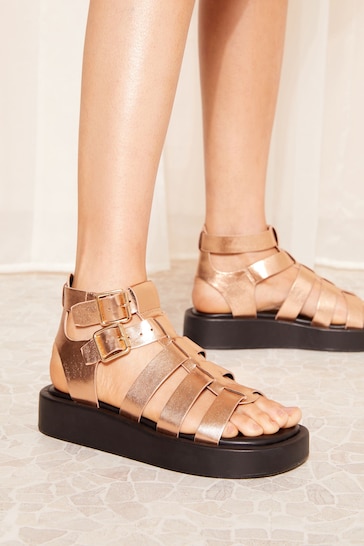 Friends Like These Bronze Metallic Regular Fit Gladiator Chunky Faux Leather Flatform Sandal