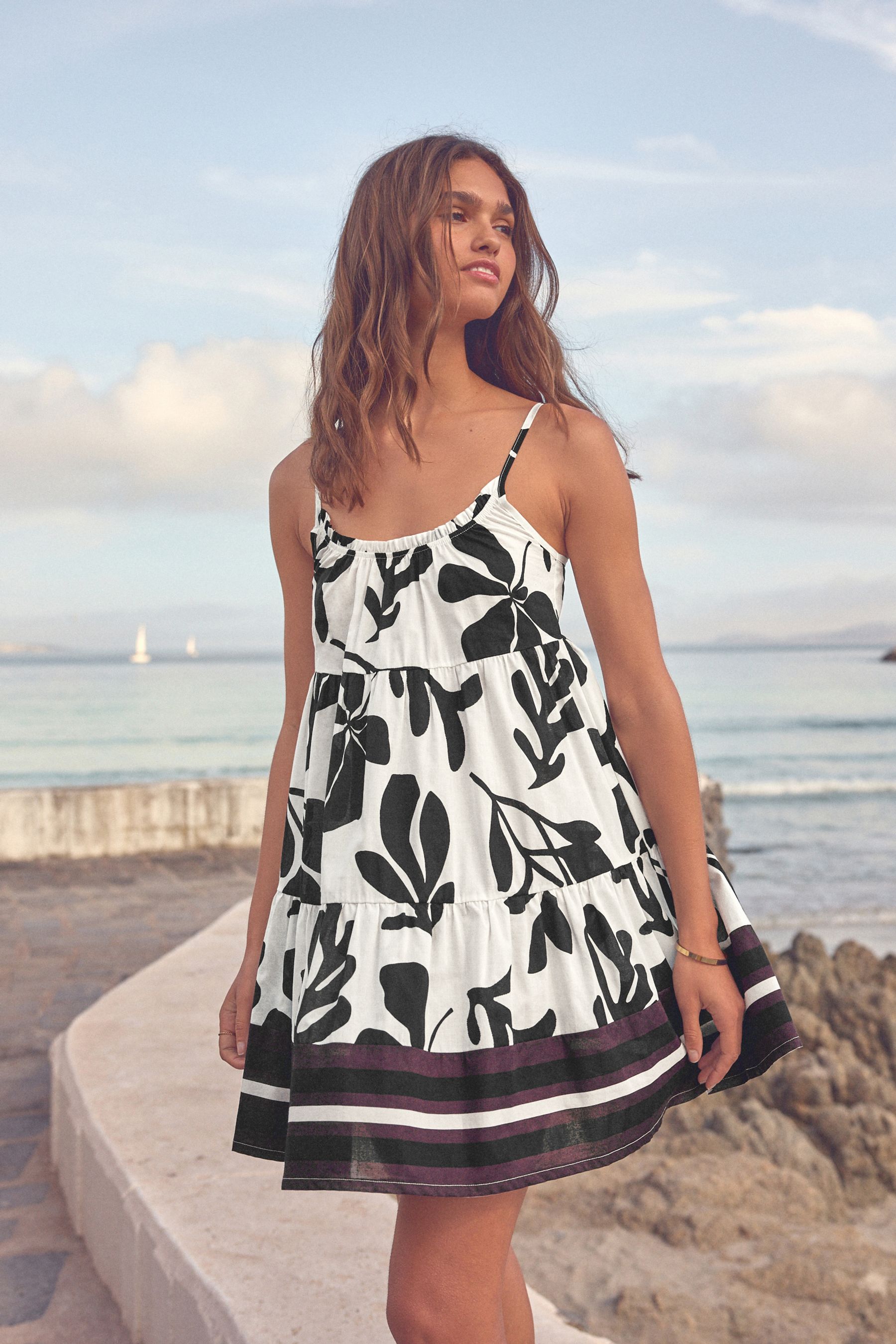 White Black Floral Mini Tiered Summer 100 Cotton Dress