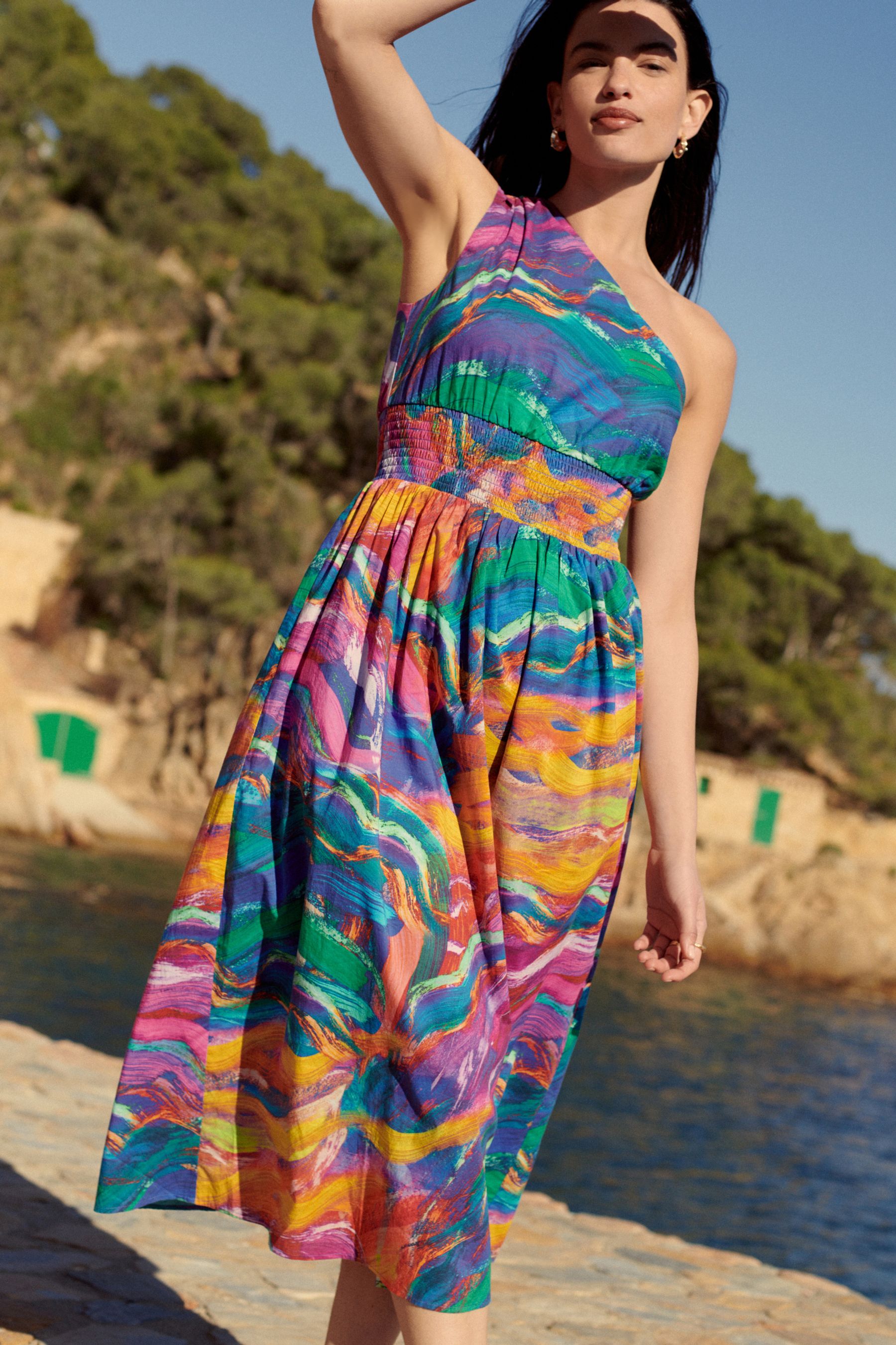 Buy Blue Pink One Shoulder Summer Dress from the Next UK online shop