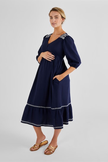 JoJo Maman Bébé Navy Linen Blend Embroidered Maternity Dress