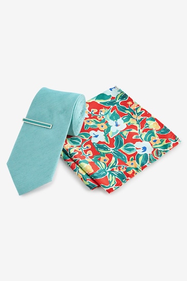 Turquoise Green/Red Floral Slim Tie Pocket Square And Tie Clip Set