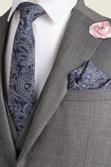 Navy Blue/Pink Textured Paisley Tie, Pocket Square And Pin Set