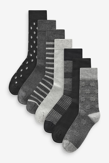 Black/Grey Pattern 7 Pack Mens Cotton Rich Socks