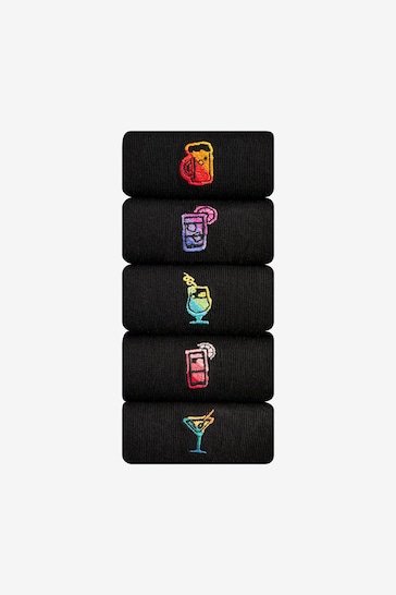 Black Ombre Drinks Fun Embroidered Socks 5 Pack