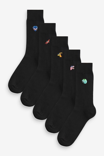 Black Summer Dinosaurs Fun Embroidered Socks 5 Pack