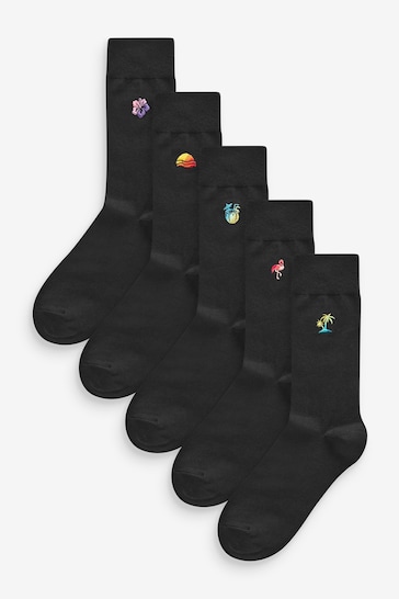 Black Tropical Ombre Fun Embroidered Socks 5 Pack