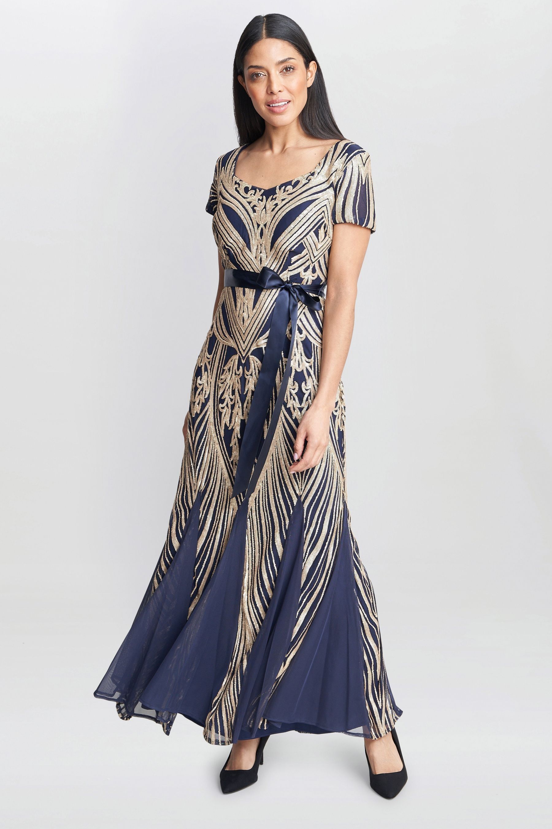 Buy Gina Bacconi Blue Amelia Sweetheart Neck Embroidered Maxi