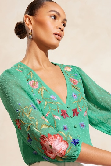 V&A | Love & Roses Green Embroidered V Neck 3/4 Sleeve Dobby Top