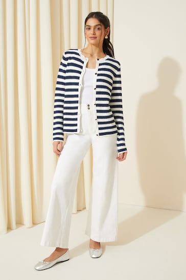 Friends Like These Navy Blue Stripe Textured Crew Neck Cardigan