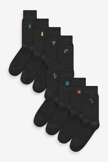 Black Summer Fun Black Embroidered Socks 8 Pack