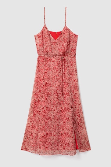 Reiss Red Olivia Printed Belted Midi Dress