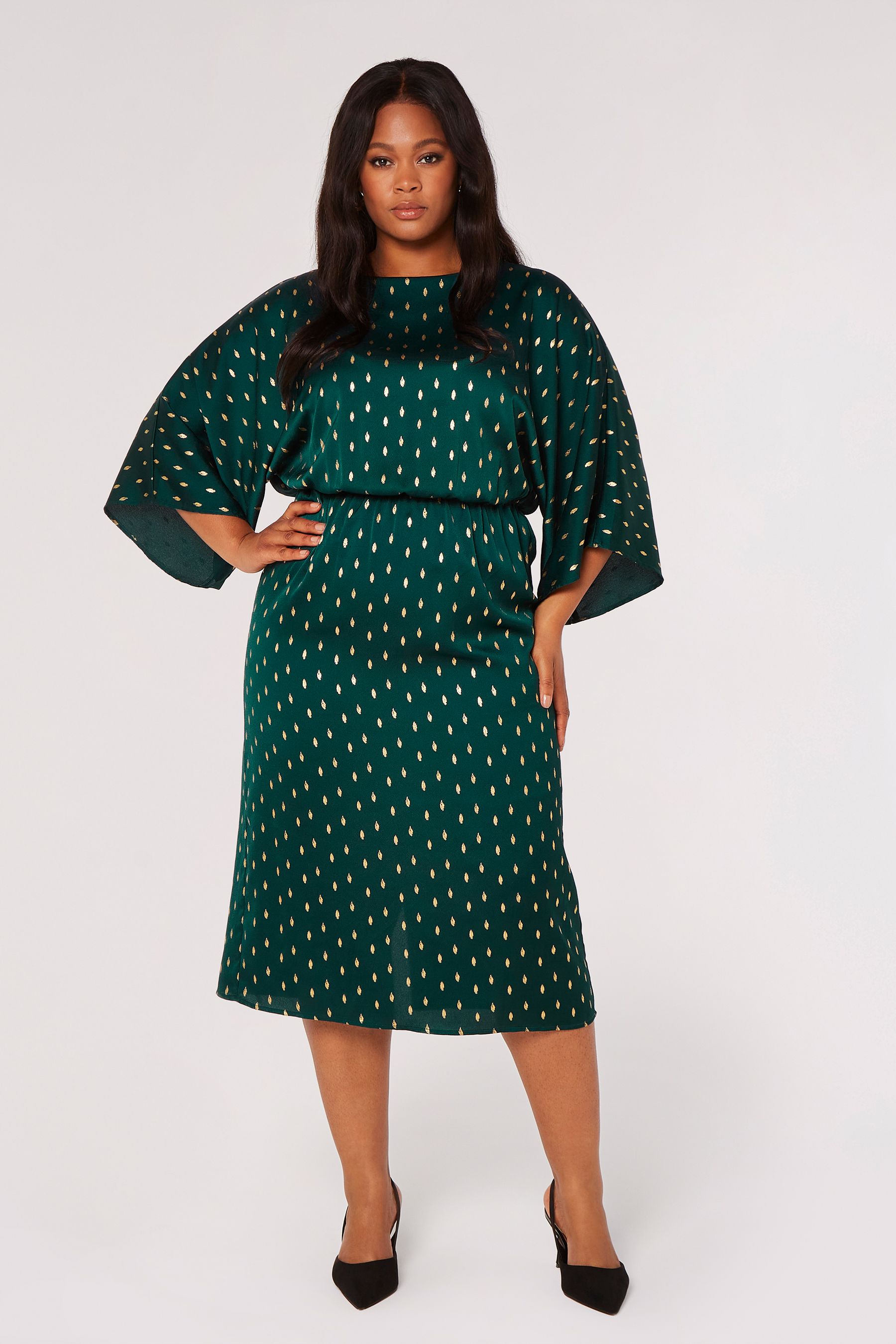 Buy Apricot Green Satin Foil Cape Sleeve Midi Dress from the Next
