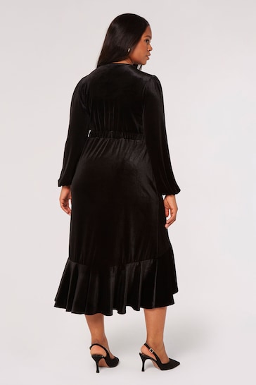 Apricot Black Velvet Faux Wrap Billow Sleeve Dress