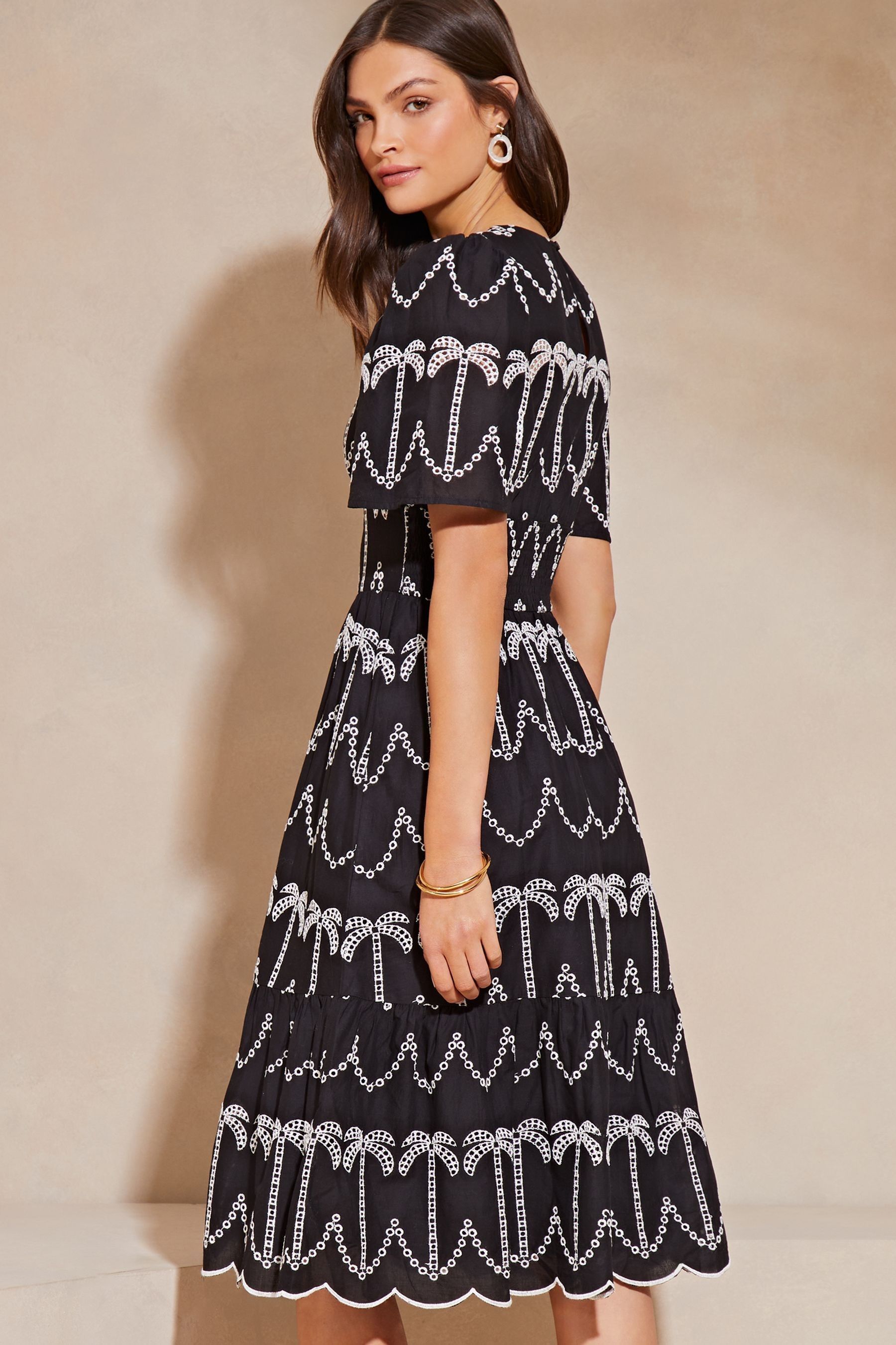 Buy Lipsy Black White Broderie Short Sleeve Palm Embroidered Midi Summer Dress from the Next UK online shop